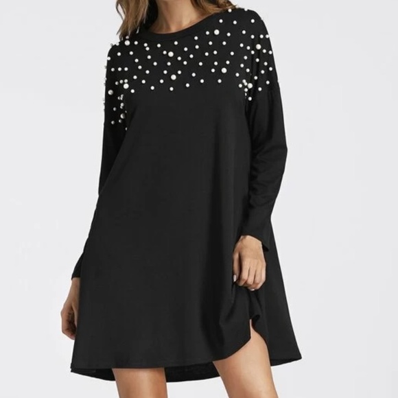 SHEIN Dresses & Skirts - SHEIN Pearl Embellished Swing Dress Black Mini Size S